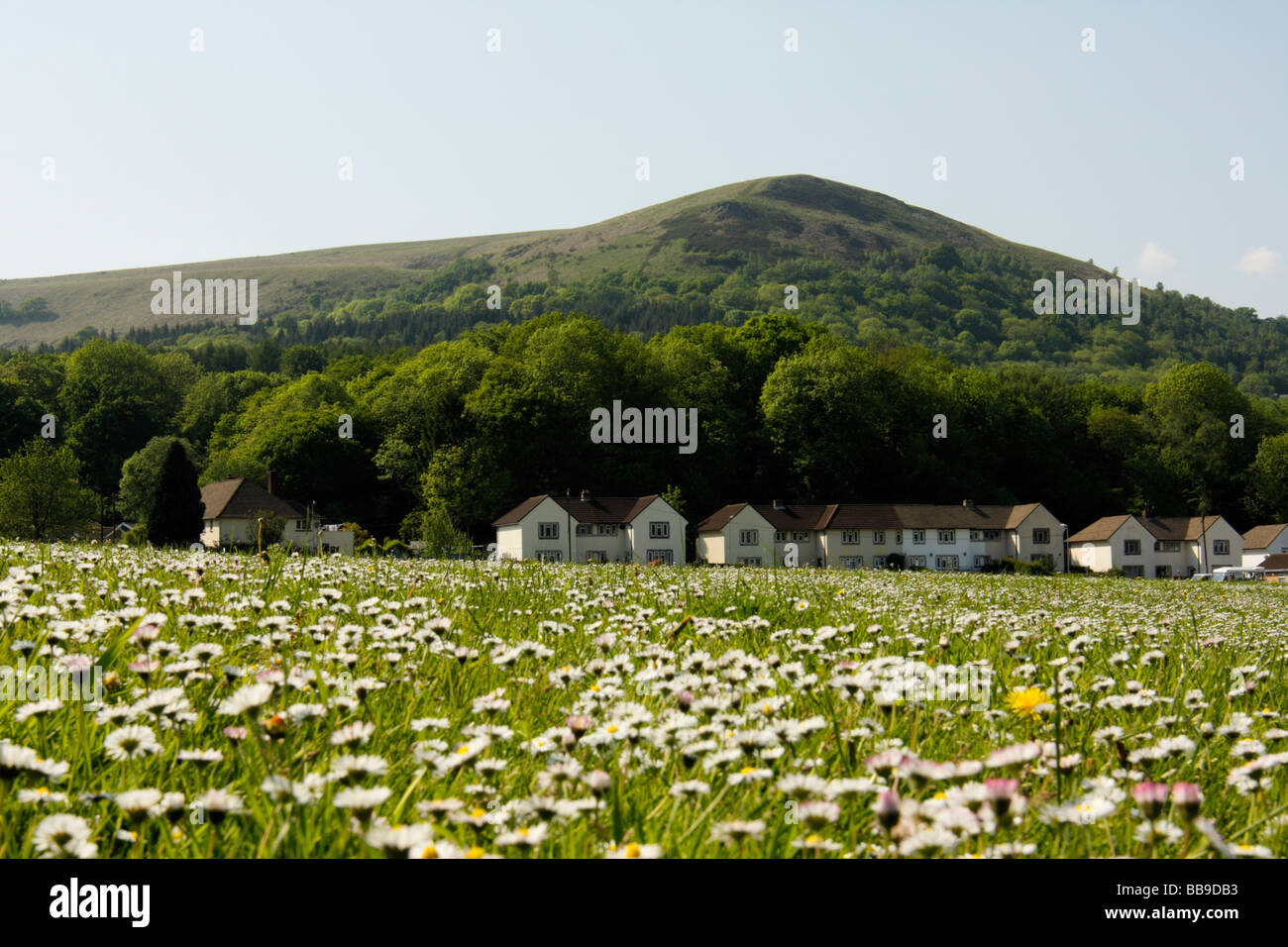 The Garth Mountain near Cardiff, with the village of Taff`s Well at its base, in Spring Stock Photo